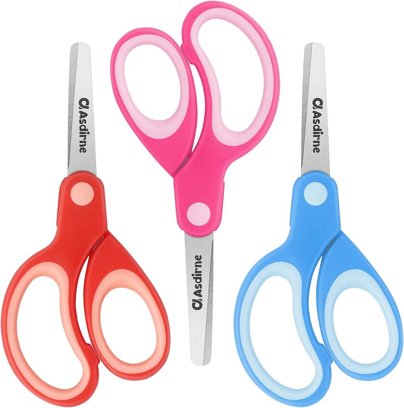 Asdirne Left Kids Scissors, Safety Children Scissors with Blunt Tip Stainless Steel Blades and Soft Grip, Great for Home and School, Assorted Color, 13.5cm, 3 Pack - Image 1